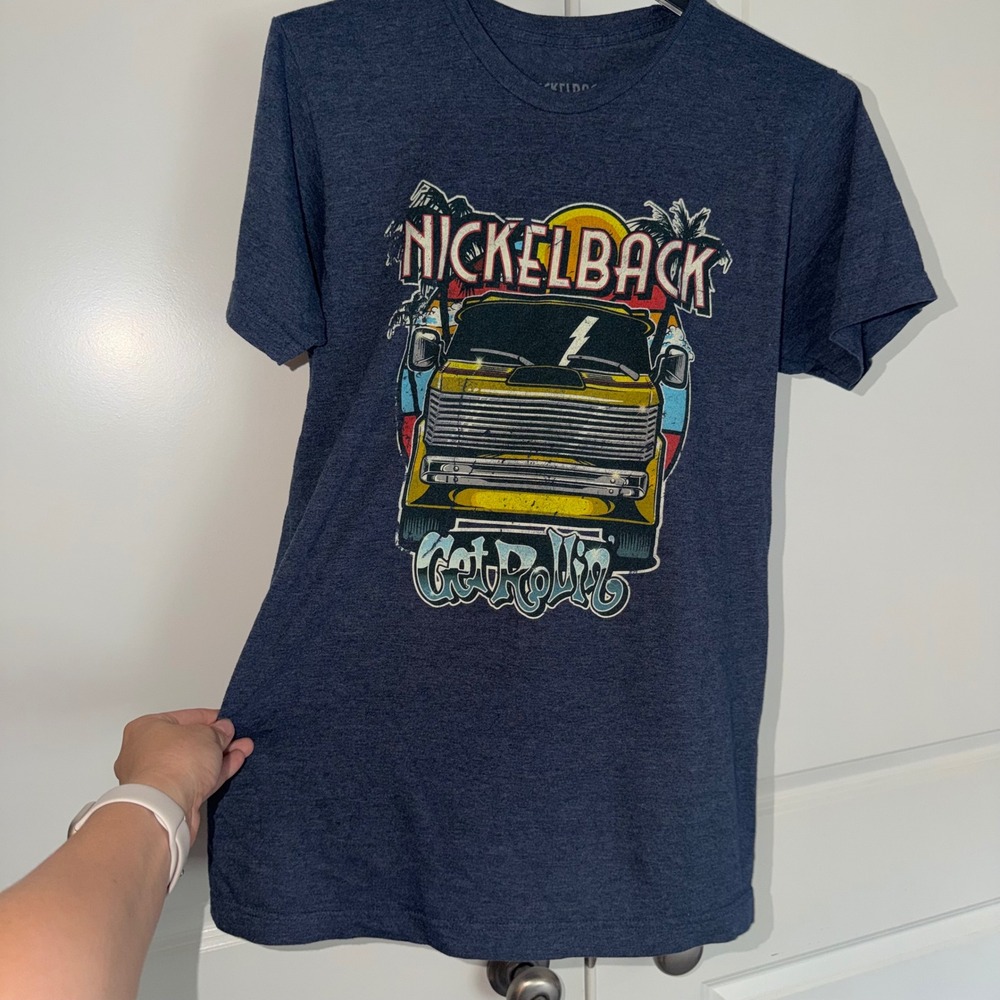 Nickelback Get Rollin North American Tour 2023 Graphic T-Shirt Mens Medium Navy